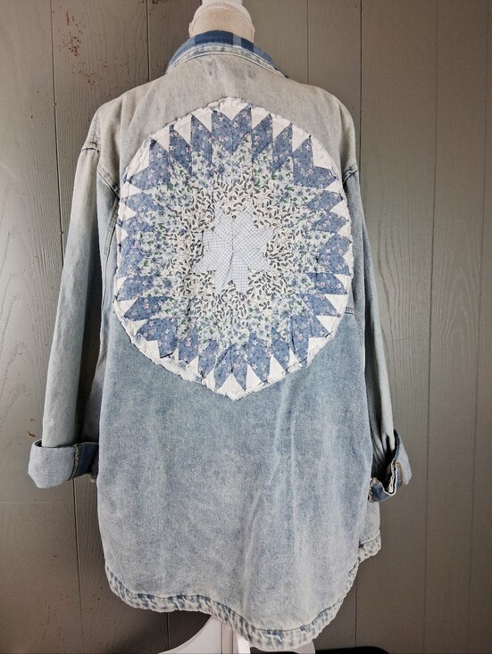 Upcycled Jackets & Blazers - Upcycled Denim Jacket Chore Coat OOAK Large Quilt Applique Cottage Farmhouse